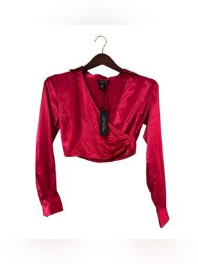Rachel Zoe Hot Pink Satin Wrap Crop Top Long Sleeve V-Neck Sz XS NWT